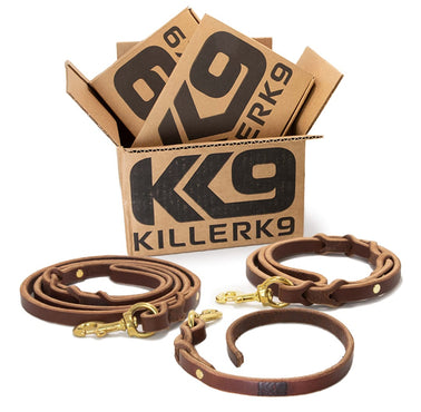Killer K9 German Designed Amish Made Super Heavy Duty Leather Military and Police Training Leashes, 1/4 inch thick leather, solid brass connector snap, Set of 3 leashes